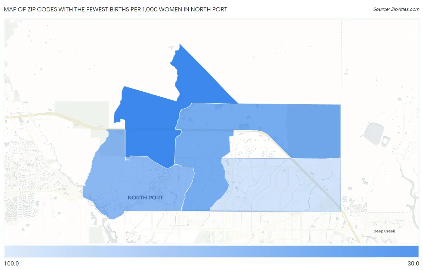 Zip Codes with the Fewest Births per 1,000 Women in North Port Map