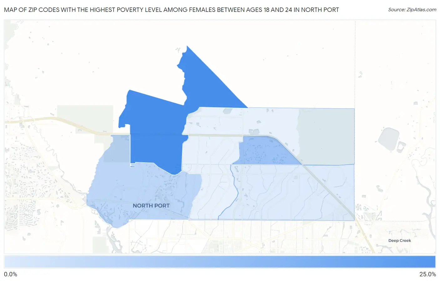 Zip Codes with the Highest Poverty Level Among Females Between Ages 18 and 24 in North Port Map