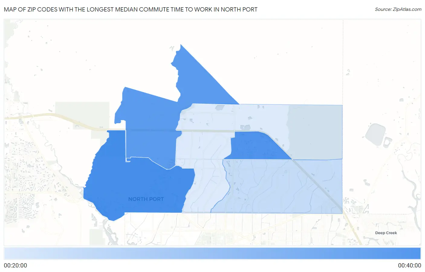 Zip Codes with the Longest Median Commute Time to Work in North Port Map
