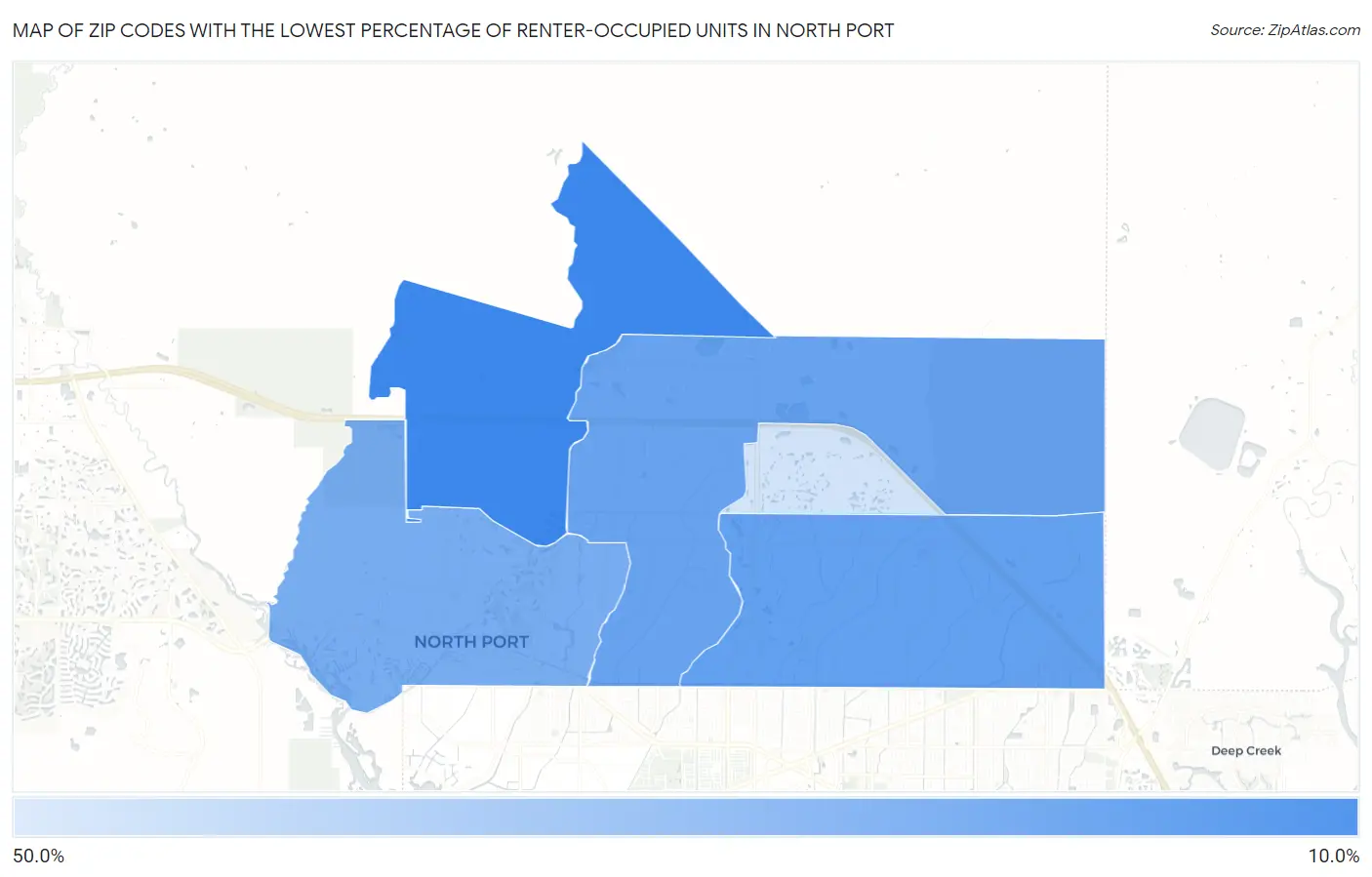 Zip Codes with the Lowest Percentage of Renter-Occupied Units in North Port Map