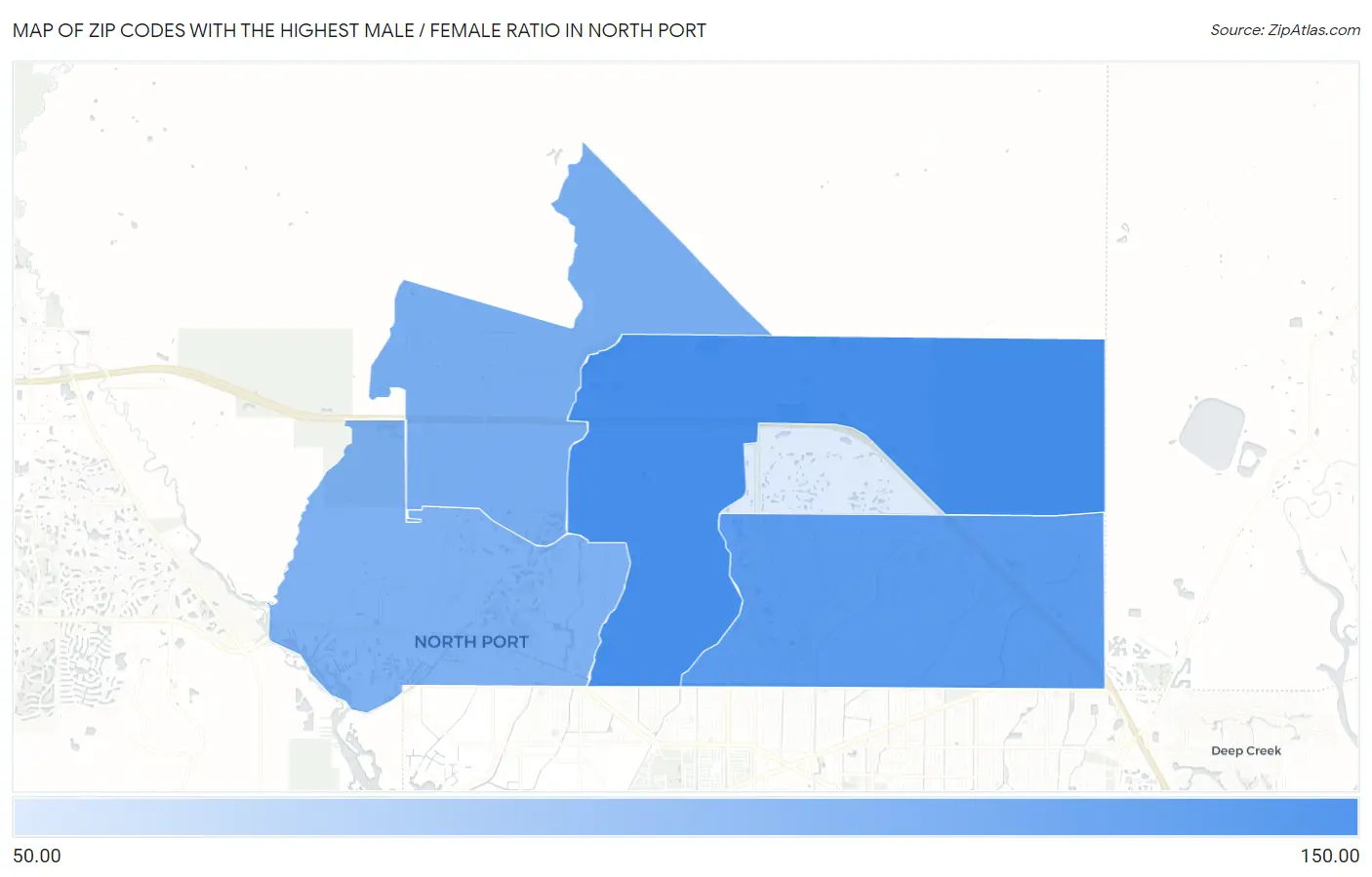 Zip Codes with the Highest Male / Female Ratio in North Port Map