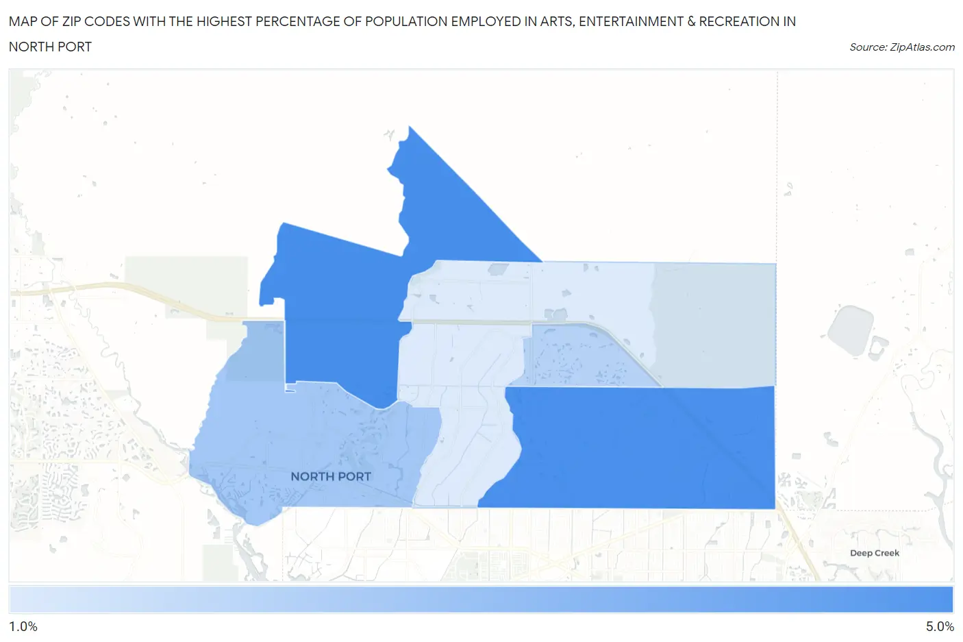 Zip Codes with the Highest Percentage of Population Employed in Arts, Entertainment & Recreation in North Port Map