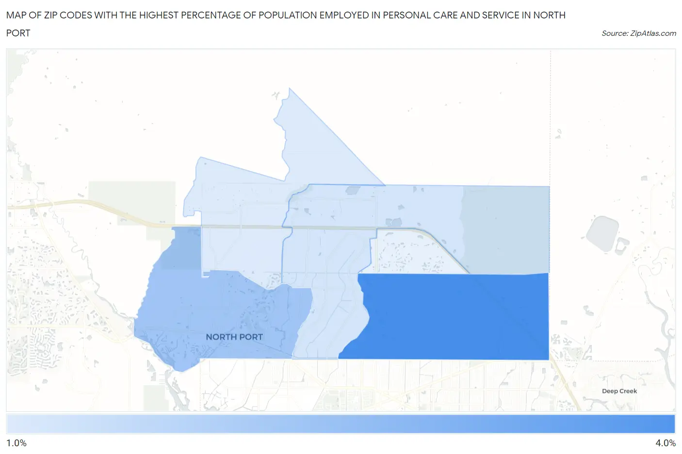 Zip Codes with the Highest Percentage of Population Employed in Personal Care and Service in North Port Map