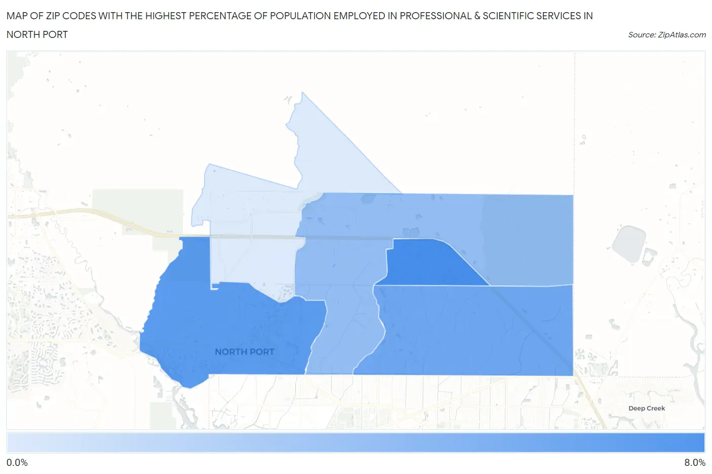 Zip Codes with the Highest Percentage of Population Employed in Professional & Scientific Services in North Port Map
