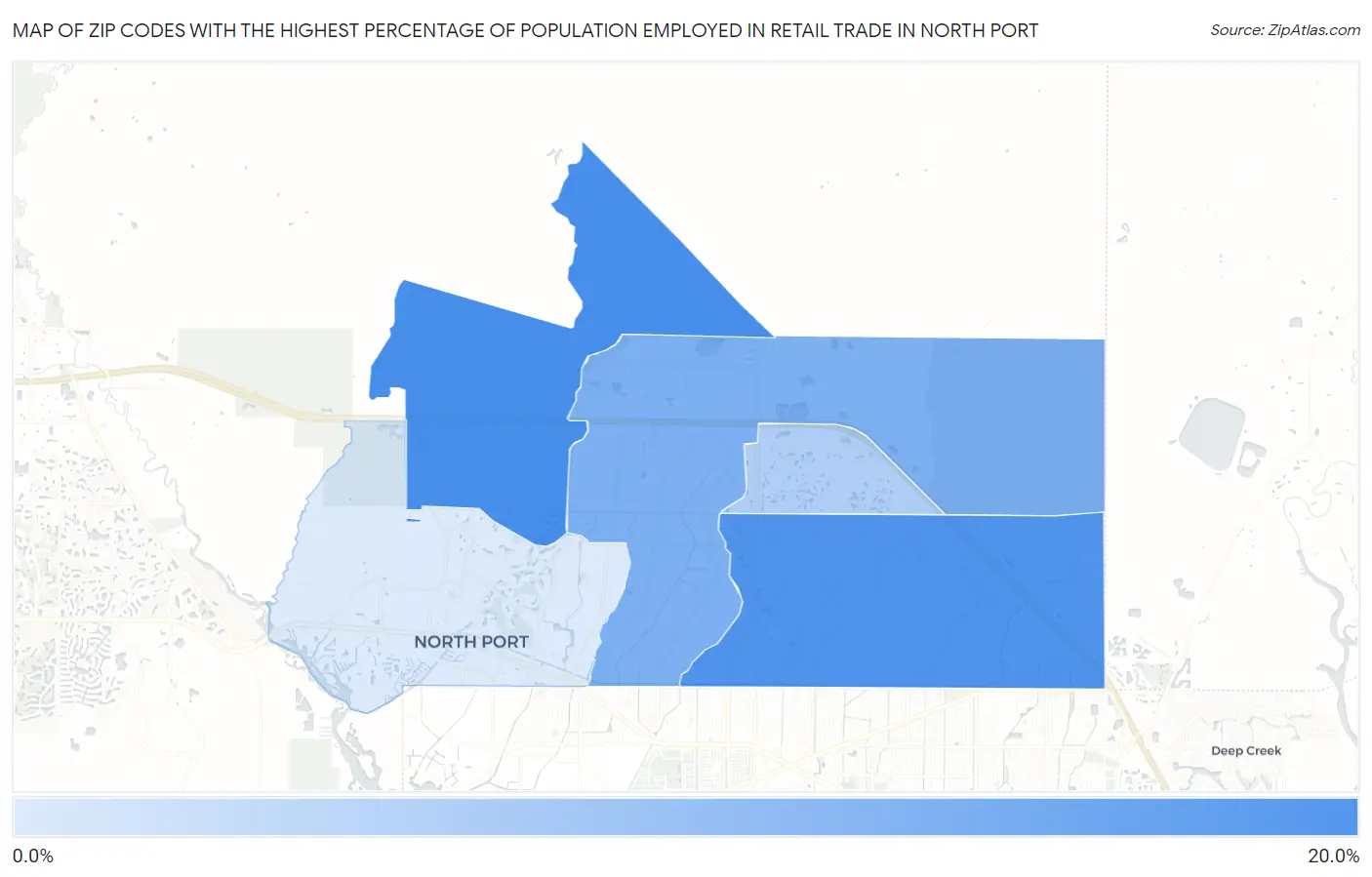 Zip Codes with the Highest Percentage of Population Employed in Retail Trade in North Port Map