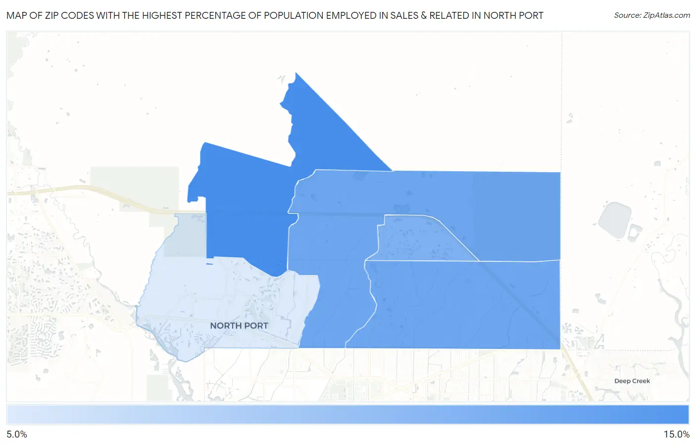 Zip Codes with the Highest Percentage of Population Employed in Sales & Related in North Port Map