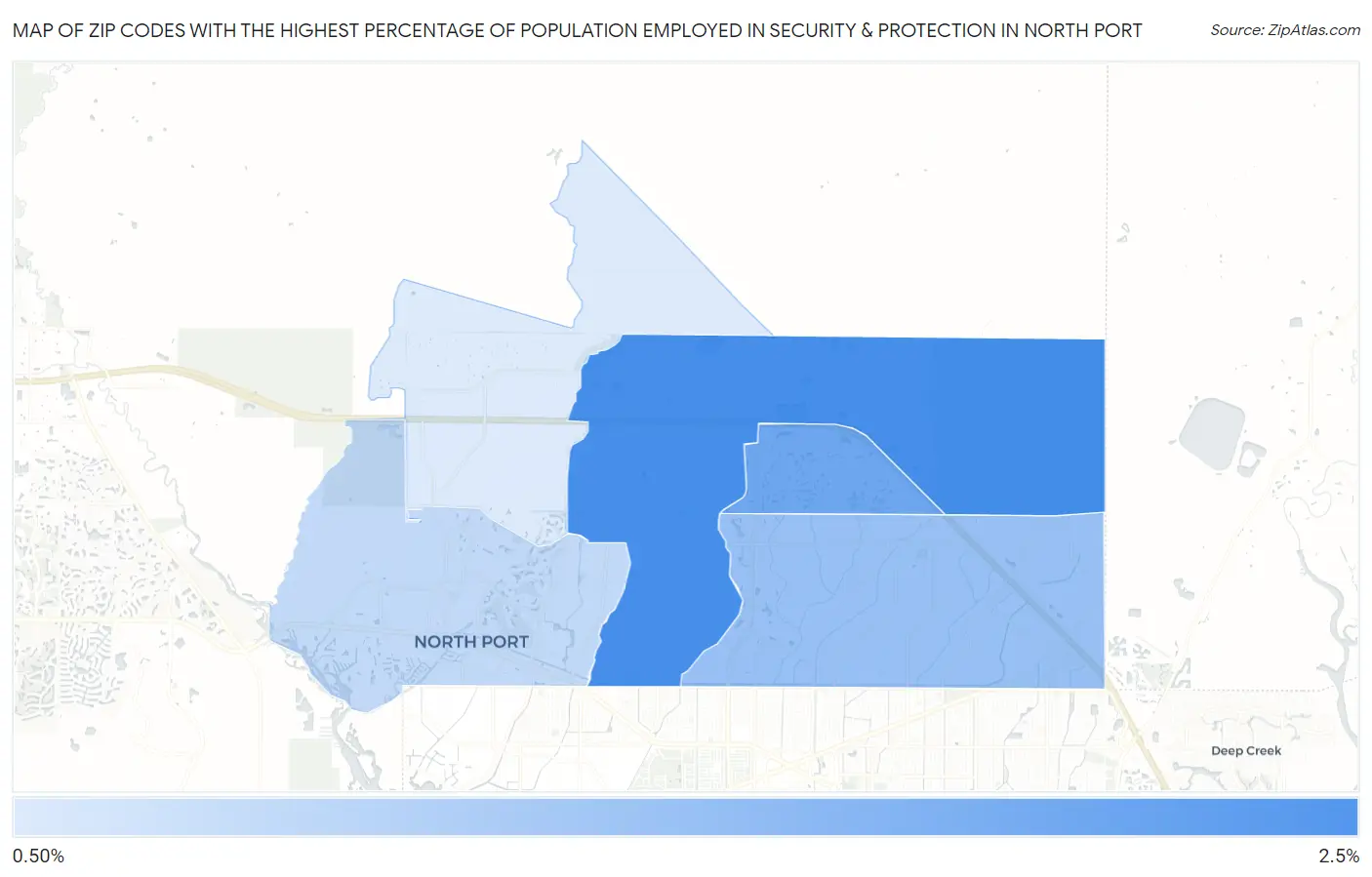 Zip Codes with the Highest Percentage of Population Employed in Security & Protection in North Port Map