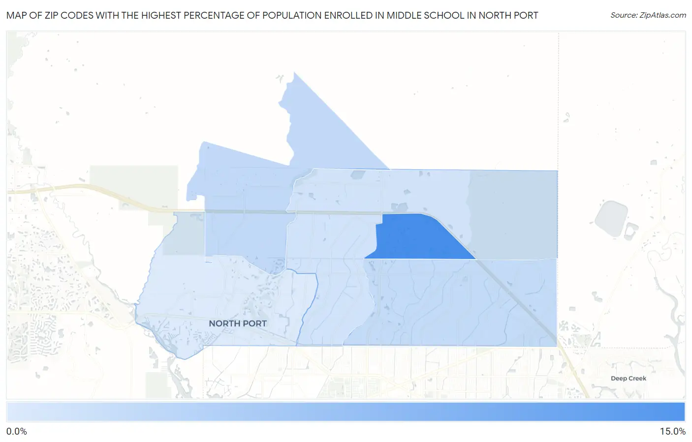 Zip Codes with the Highest Percentage of Population Enrolled in Middle School in North Port Map