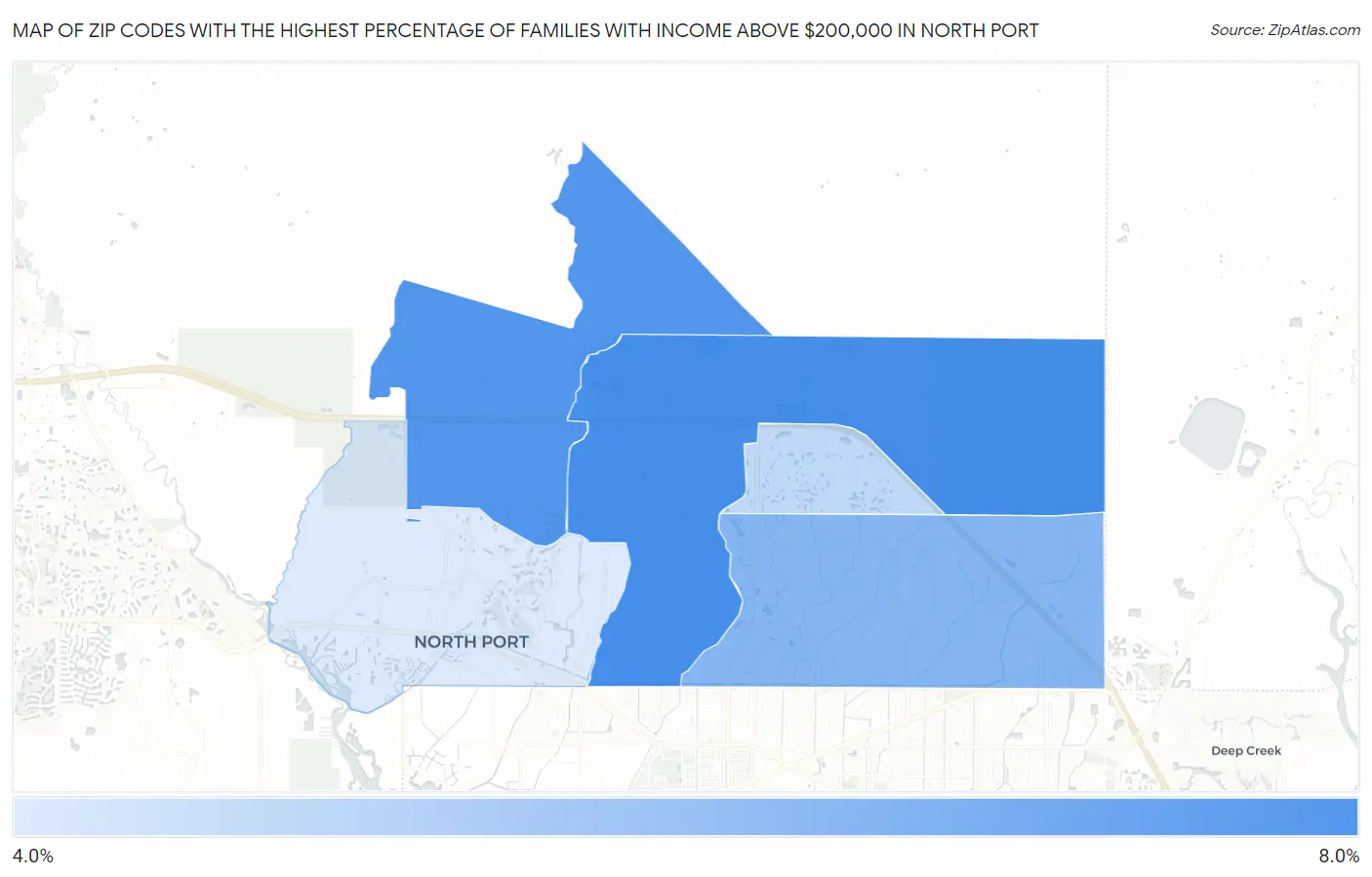Zip Codes with the Highest Percentage of Families with Income Above $200,000 in North Port Map