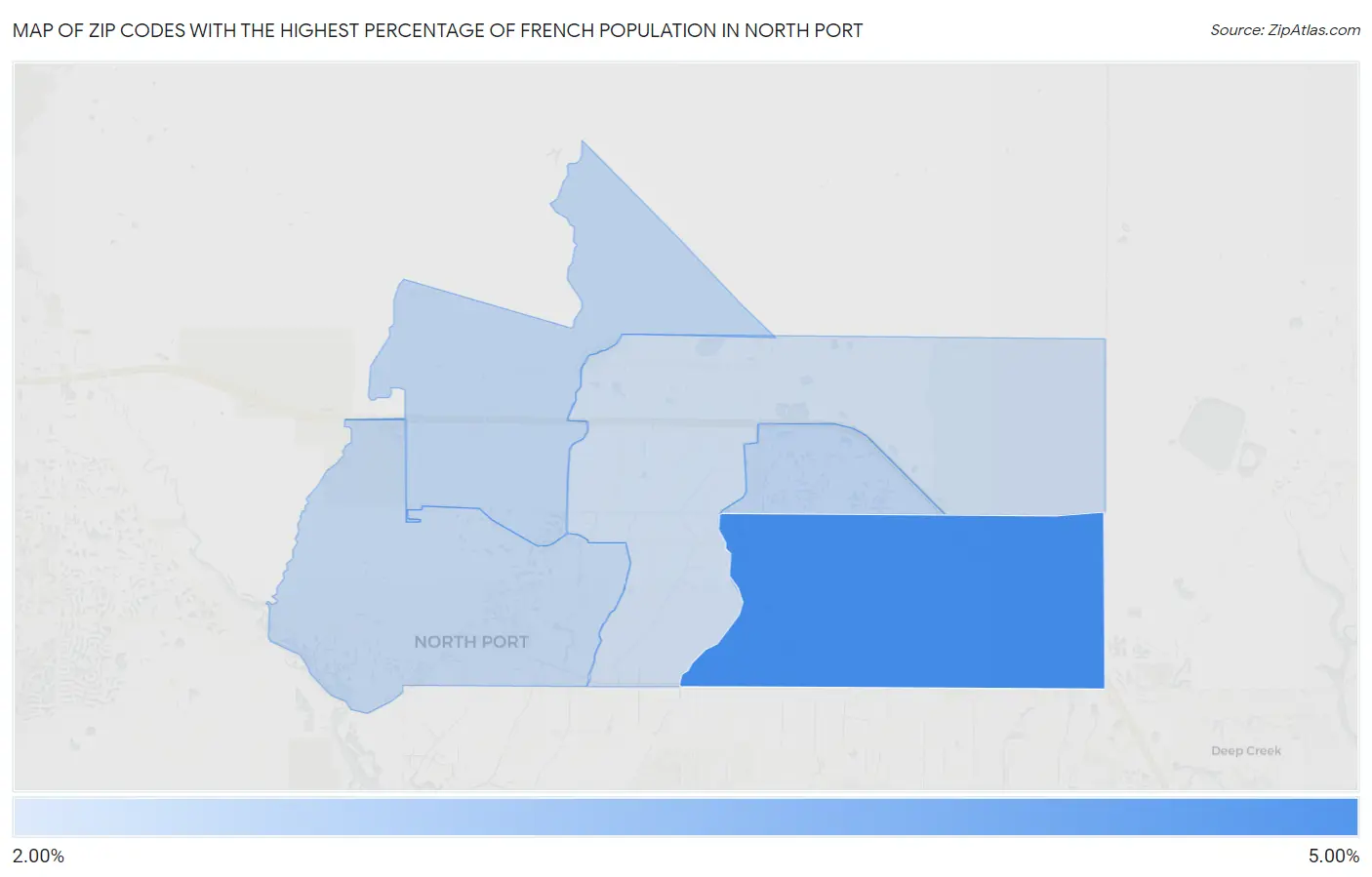 Zip Codes with the Highest Percentage of French Population in North Port Map