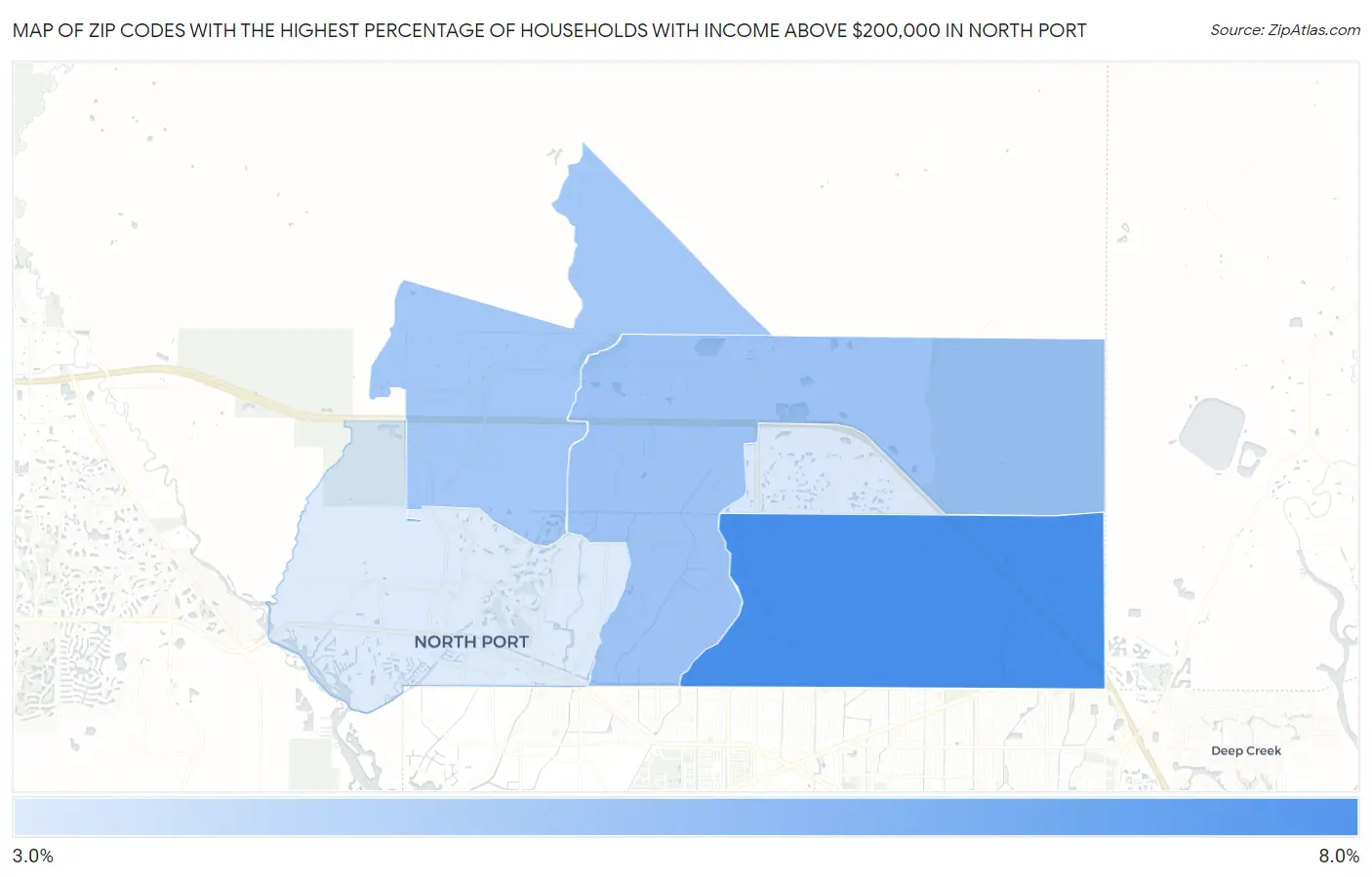 Zip Codes with the Highest Percentage of Households with Income Above $200,000 in North Port Map