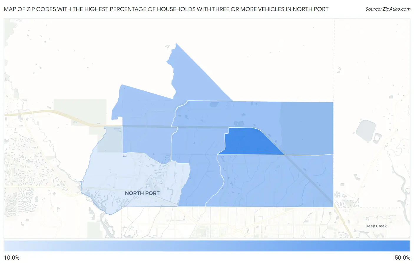 Zip Codes with the Highest Percentage of Households With Three or more Vehicles in North Port Map