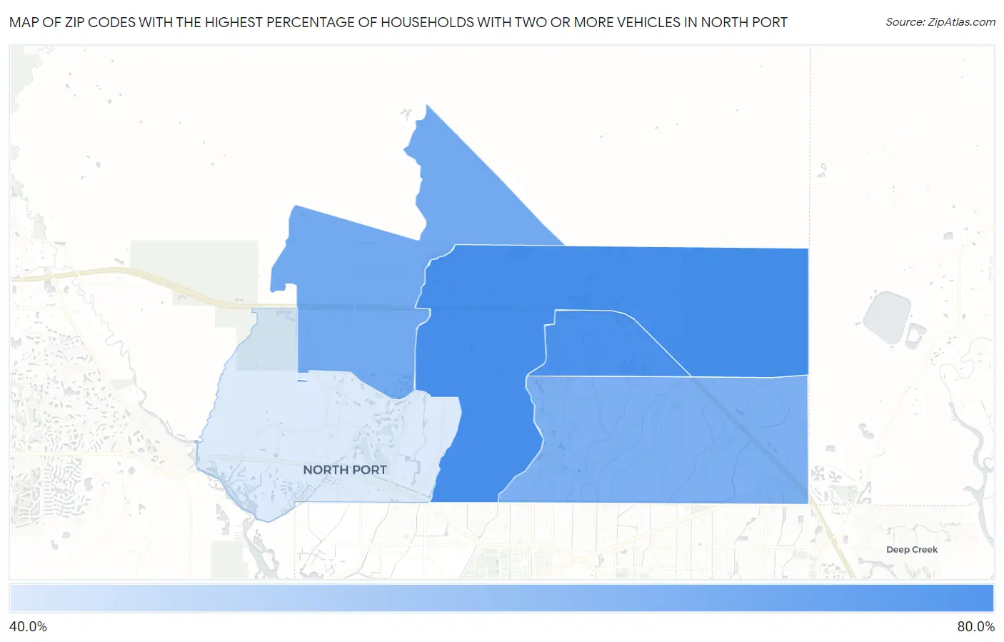 Zip Codes with the Highest Percentage of Households With Two or more Vehicles in North Port Map