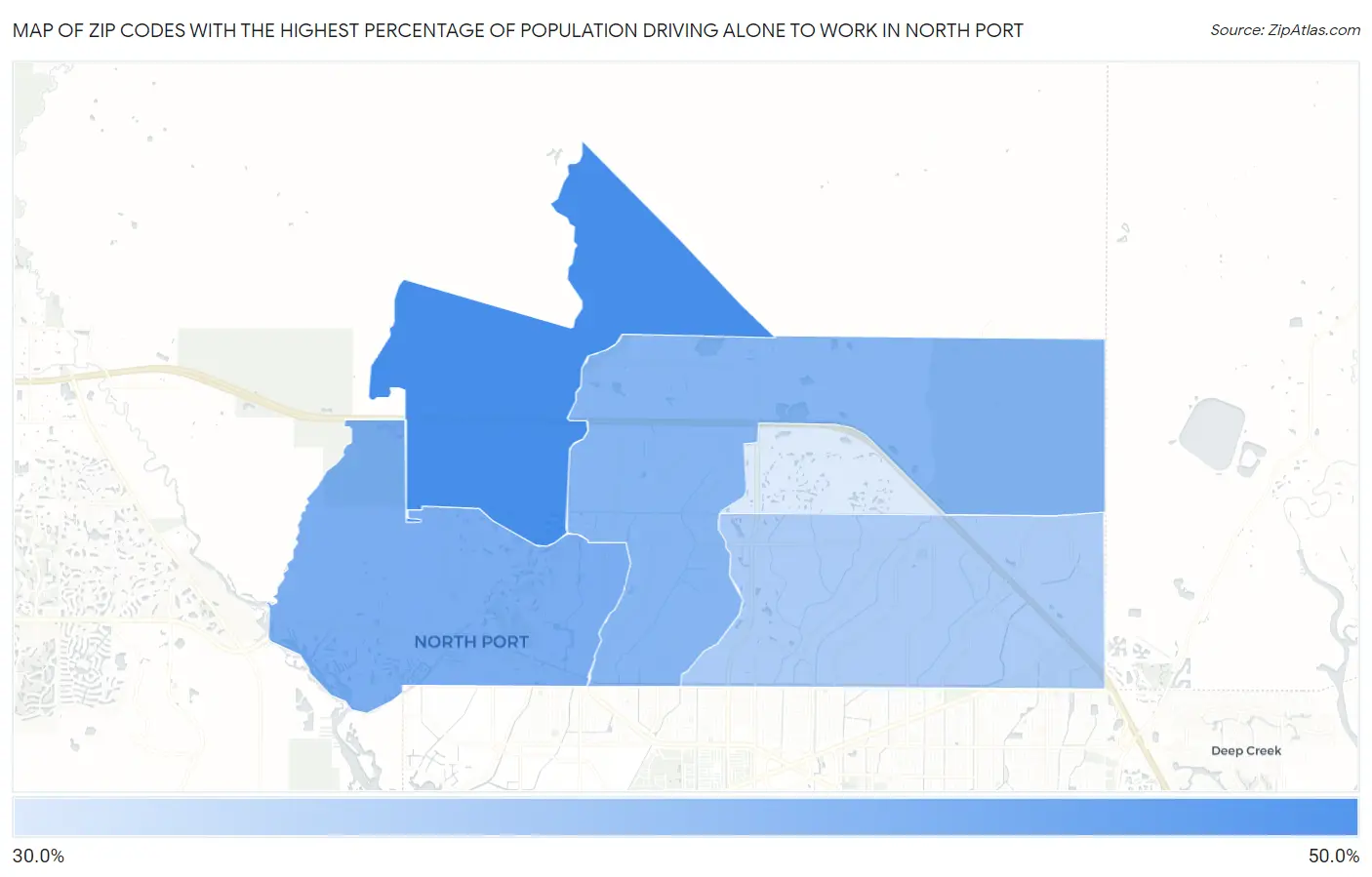 Zip Codes with the Highest Percentage of Population Driving Alone to Work in North Port Map