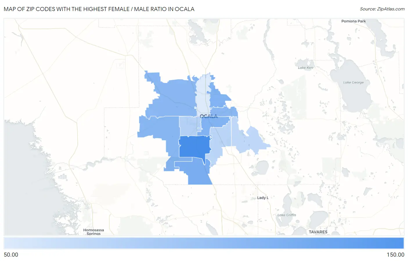 Zip Codes with the Highest Female / Male Ratio in Ocala Map