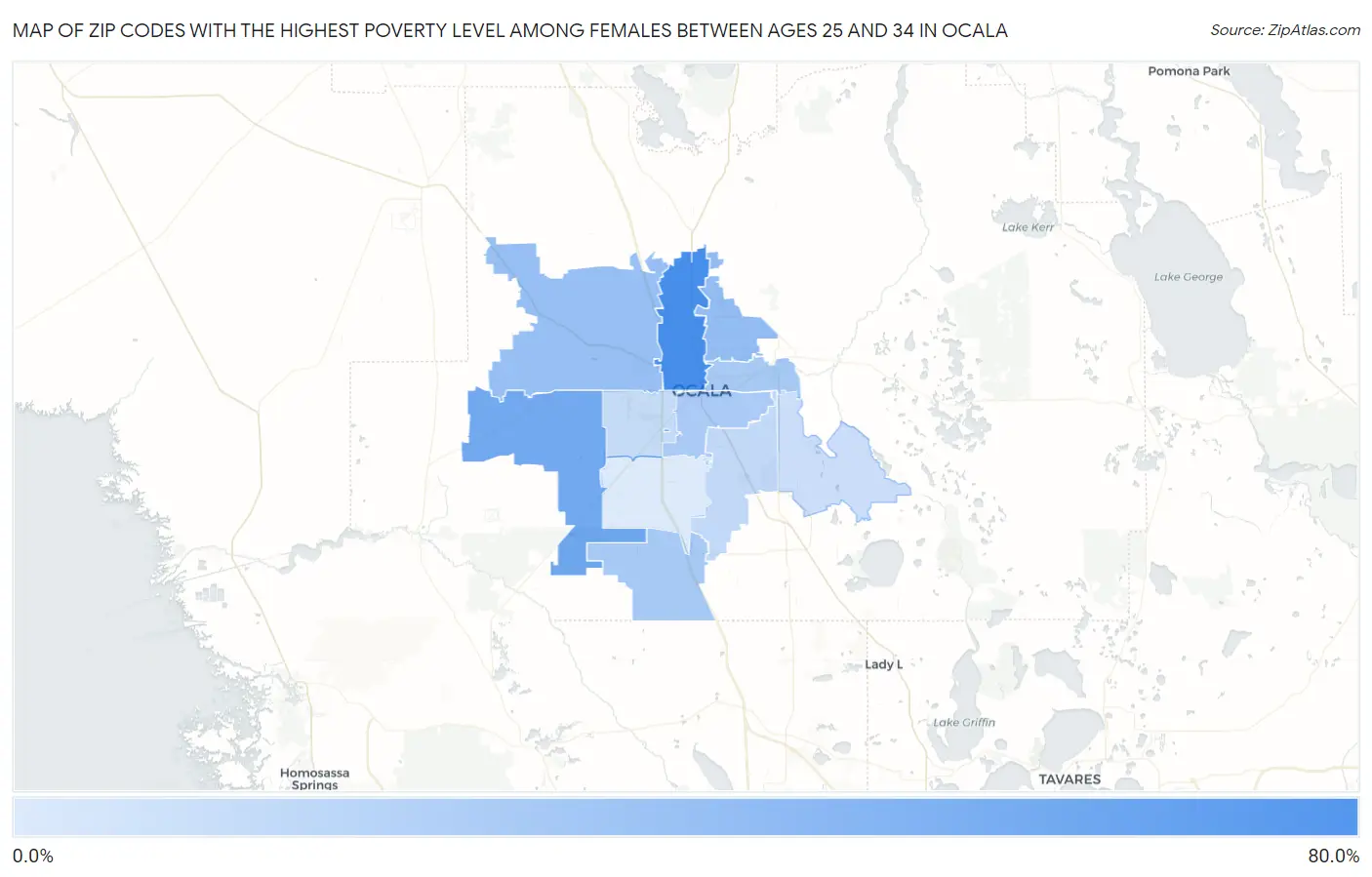 Zip Codes with the Highest Poverty Level Among Females Between Ages 25 and 34 in Ocala Map
