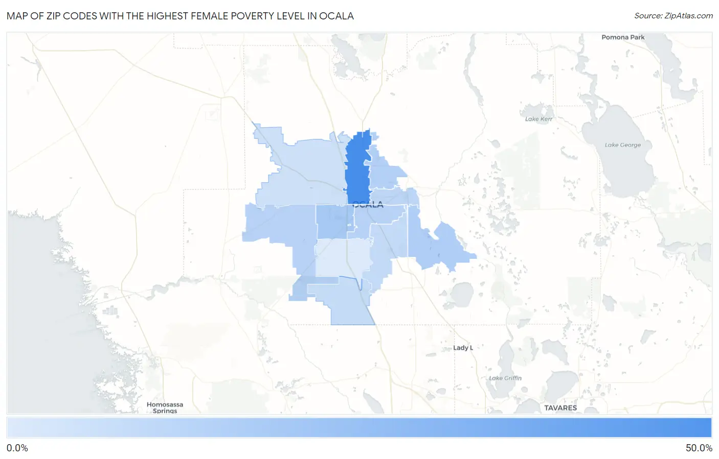 Zip Codes with the Highest Female Poverty Level in Ocala Map
