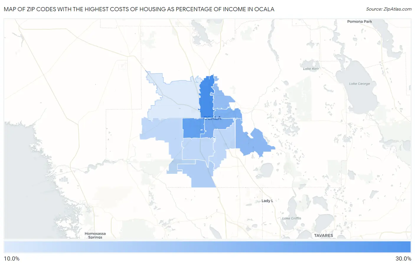 Zip Codes with the Highest Costs of Housing as Percentage of Income in Ocala Map