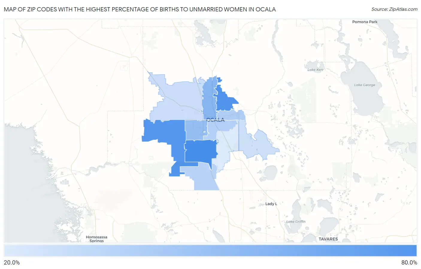 Zip Codes with the Highest Percentage of Births to Unmarried Women in Ocala Map