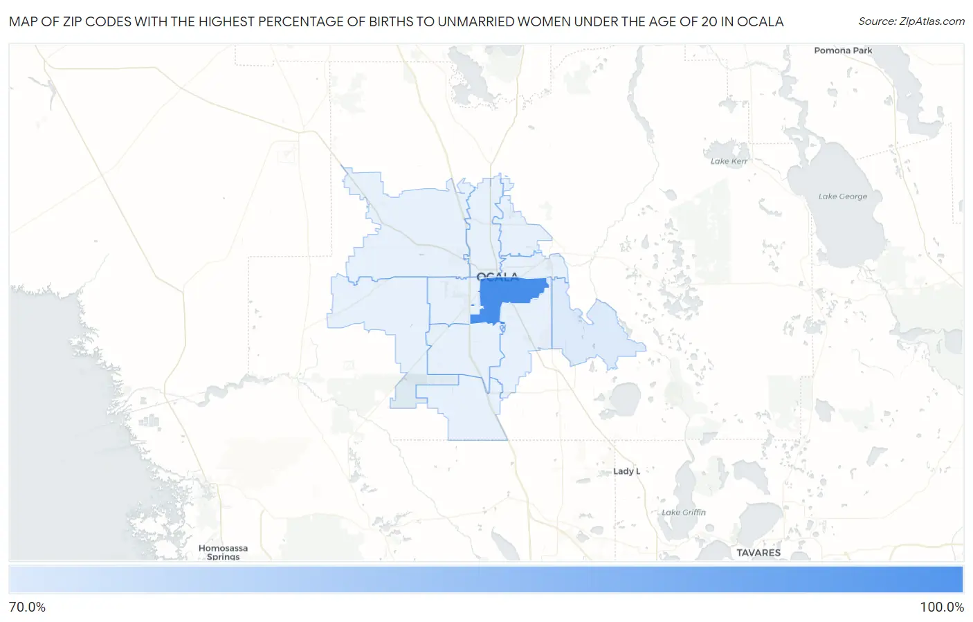 Zip Codes with the Highest Percentage of Births to Unmarried Women under the Age of 20 in Ocala Map