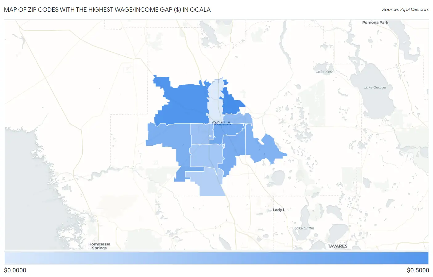 Zip Codes with the Highest Wage/Income Gap ($) in Ocala Map