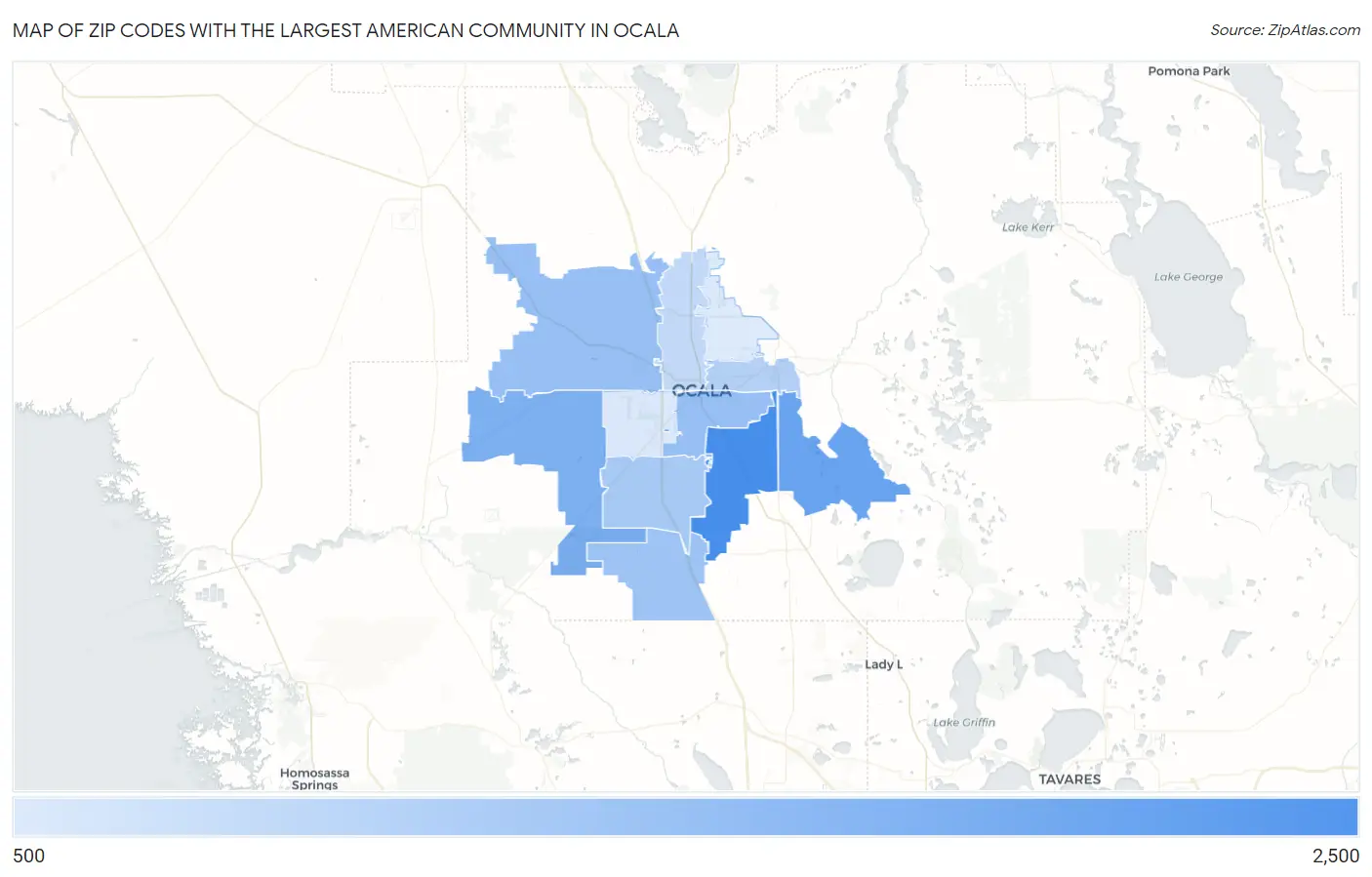 Zip Codes with the Largest American Community in Ocala Map