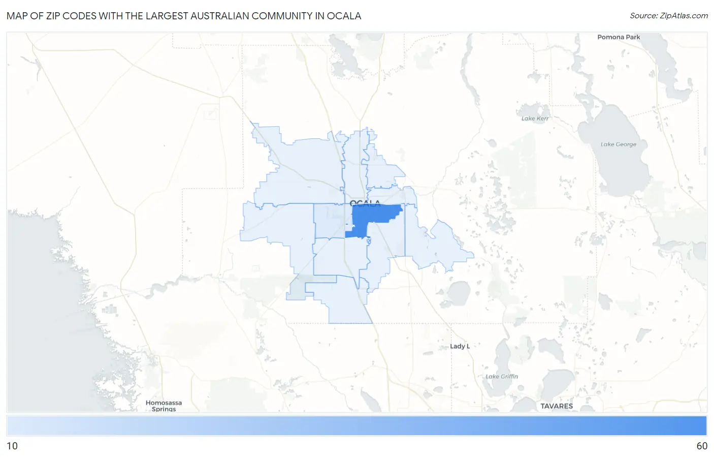 Zip Codes with the Largest Australian Community in Ocala Map