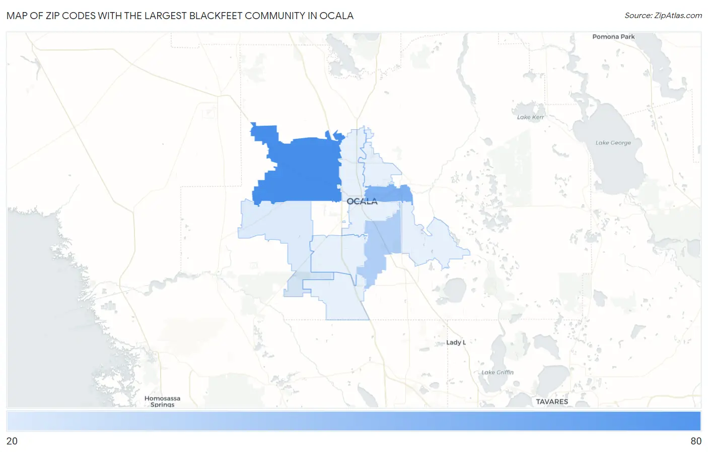 Zip Codes with the Largest Blackfeet Community in Ocala Map