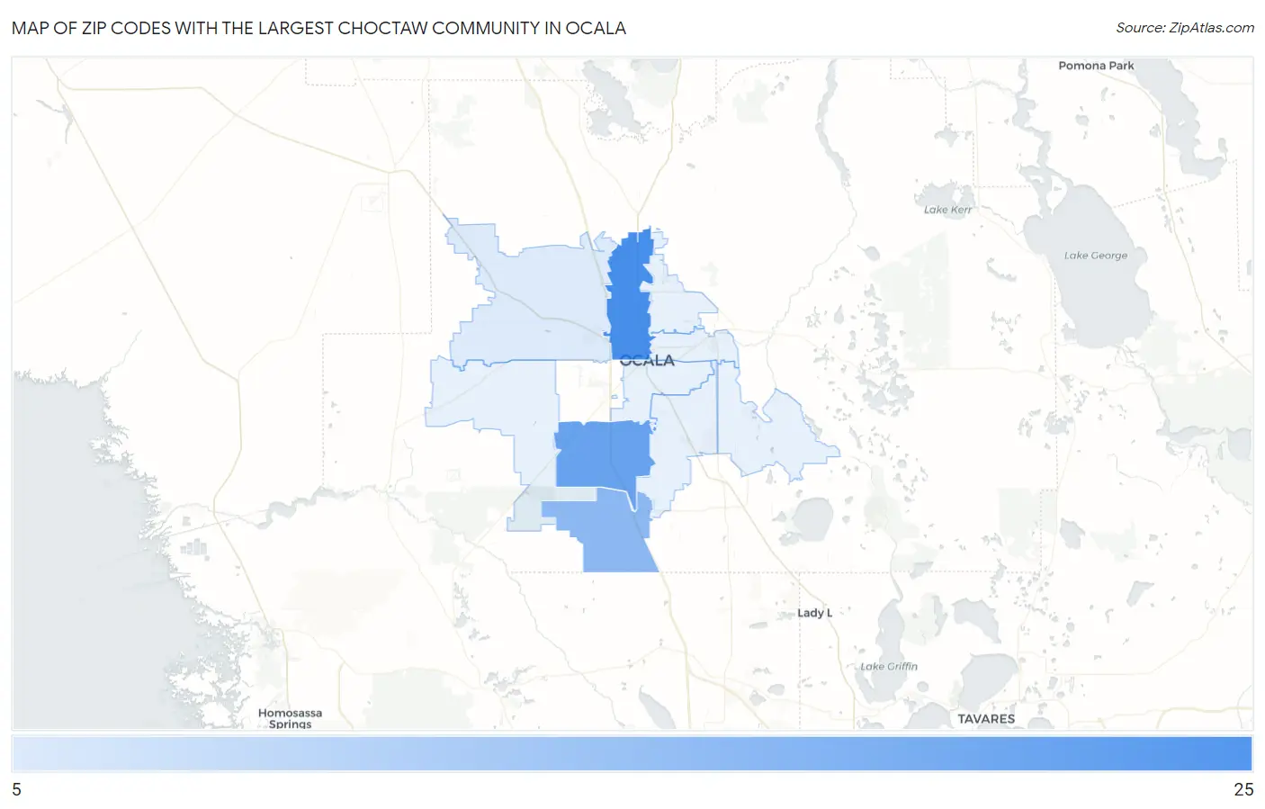 Zip Codes with the Largest Choctaw Community in Ocala Map