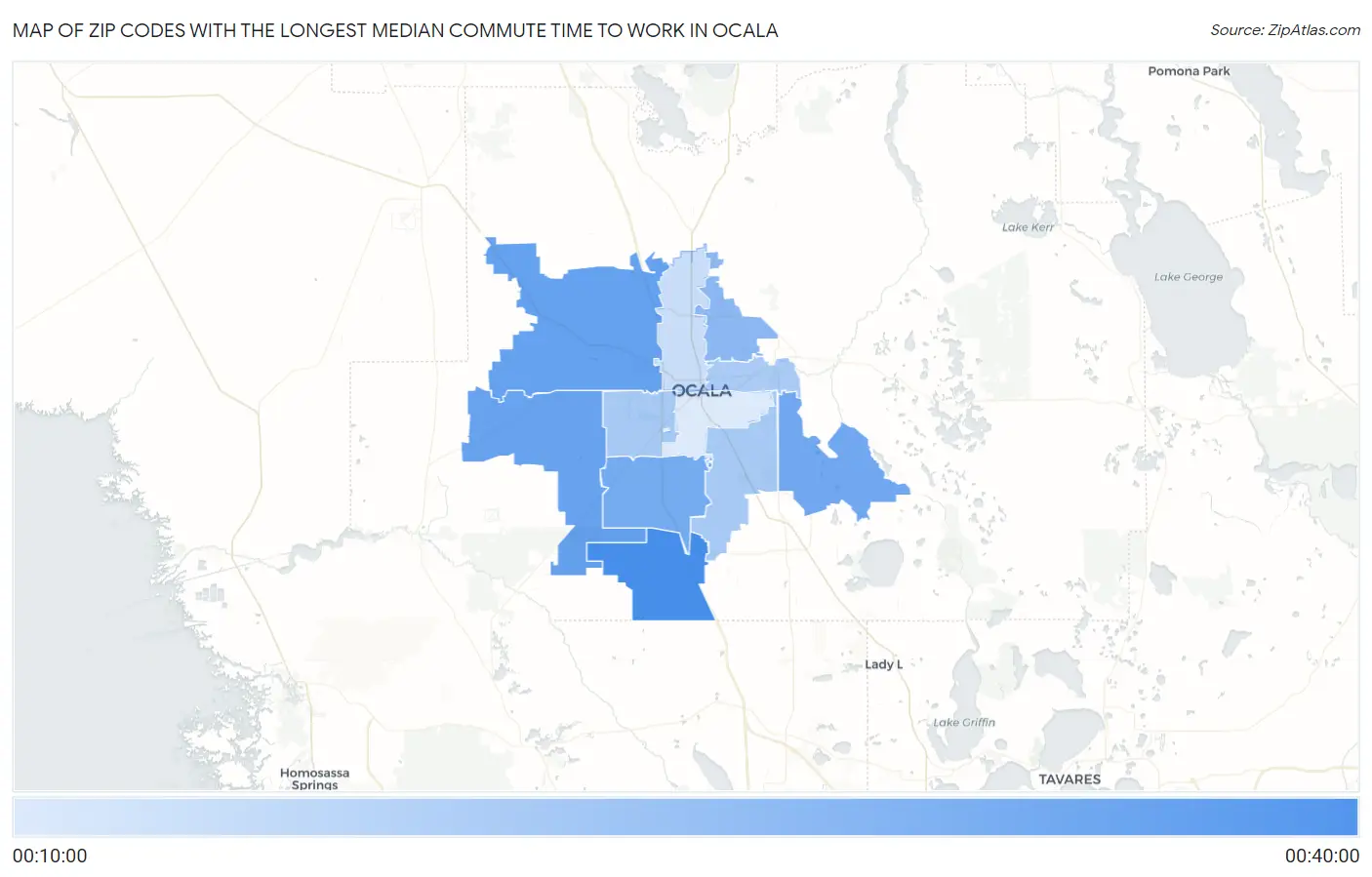 Zip Codes with the Longest Median Commute Time to Work in Ocala Map