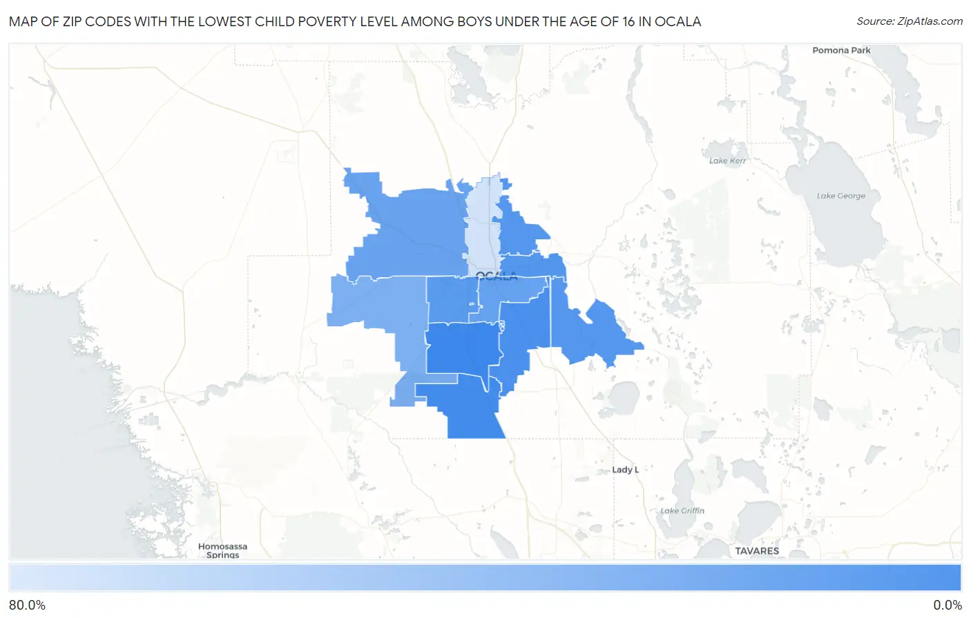 Zip Codes with the Lowest Child Poverty Level Among Boys Under the Age of 16 in Ocala Map