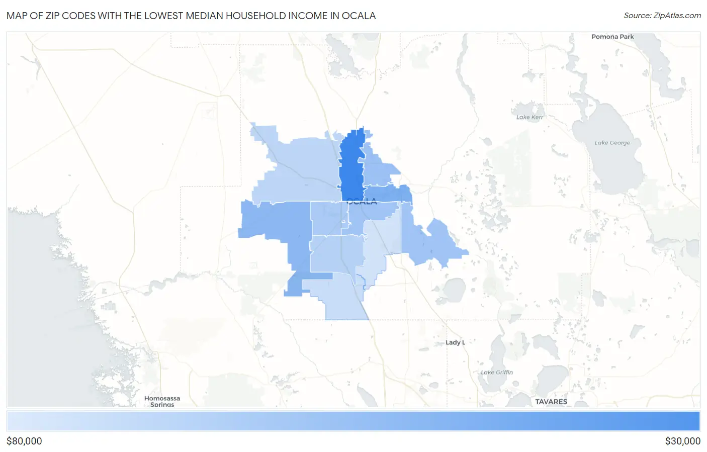 Zip Codes with the Lowest Median Household Income in Ocala Map