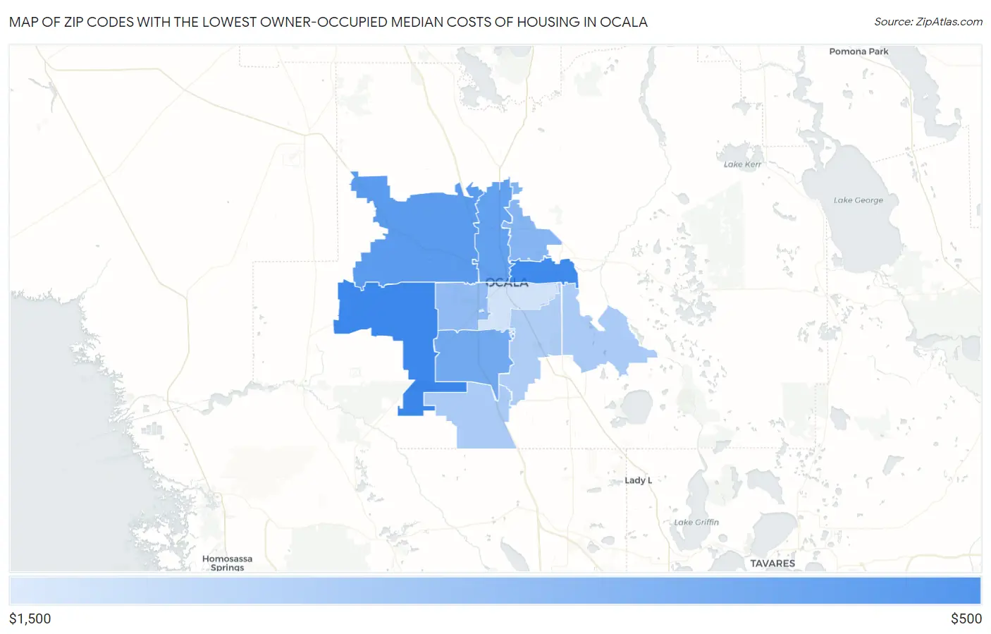 Zip Codes with the Lowest Owner-Occupied Median Costs of Housing in Ocala Map