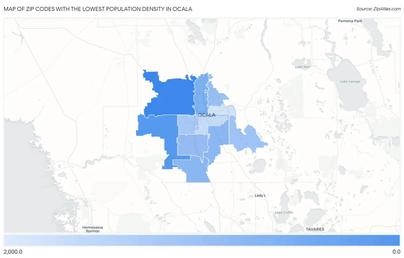 Zip Codes with the Lowest Population Density in Ocala Map