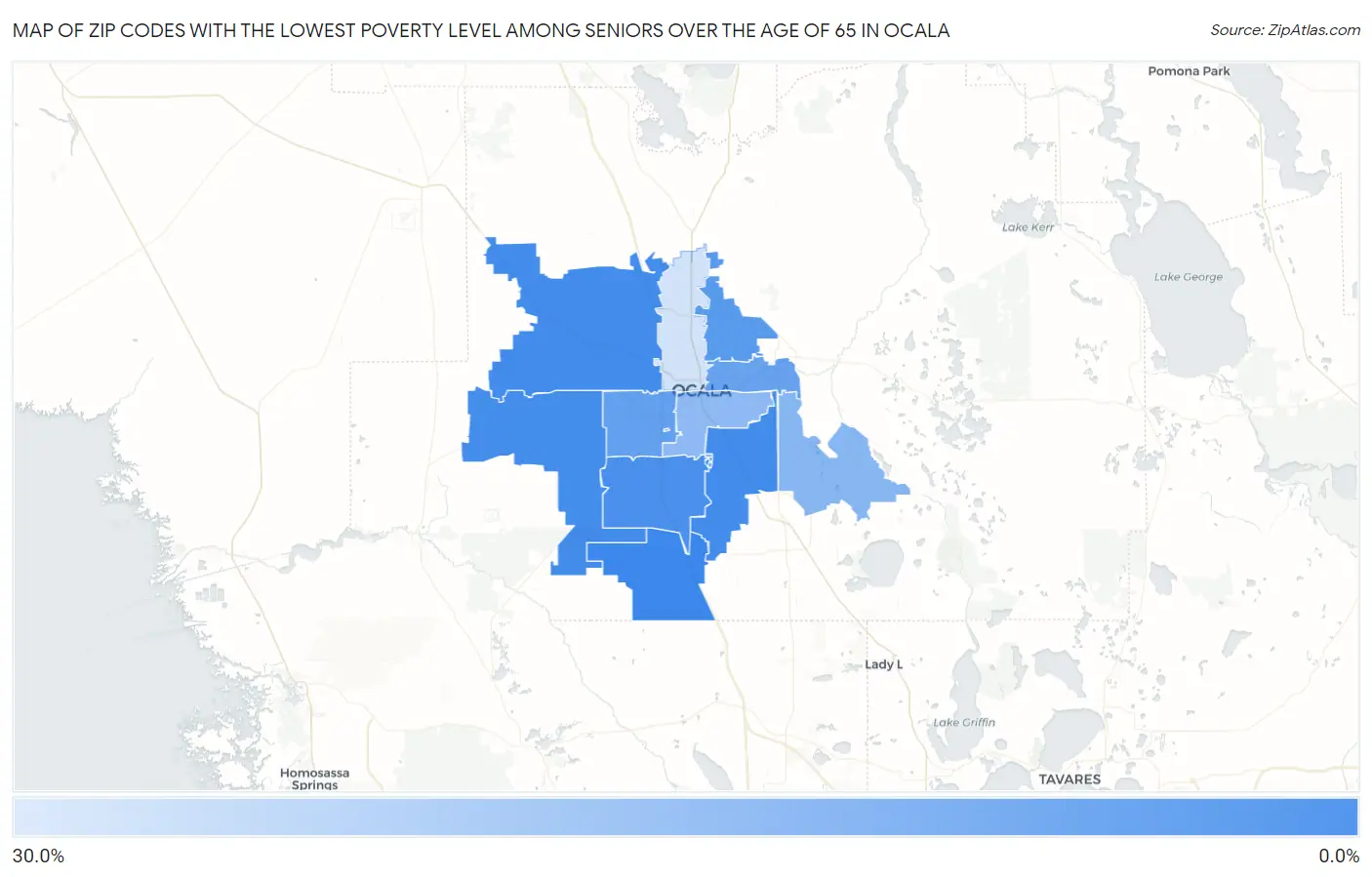 Zip Codes with the Lowest Poverty Level Among Seniors Over the Age of 65 in Ocala Map