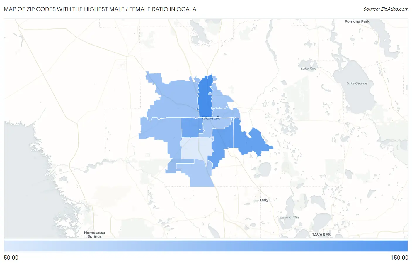 Zip Codes with the Highest Male / Female Ratio in Ocala Map