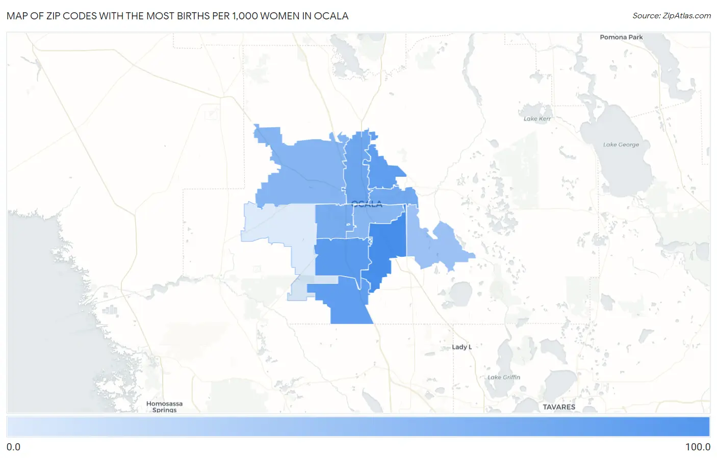 Zip Codes with the Most Births per 1,000 Women in Ocala Map
