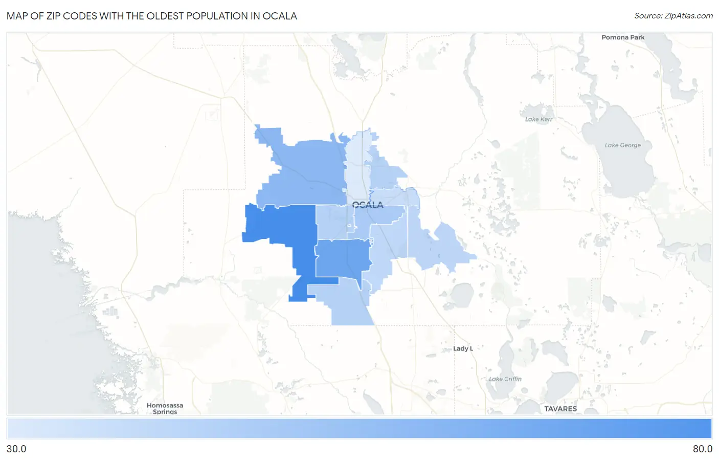 Zip Codes with the Oldest Population in Ocala Map