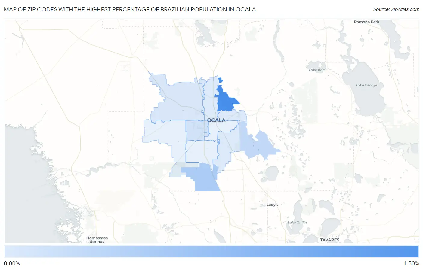 Zip Codes with the Highest Percentage of Brazilian Population in Ocala Map