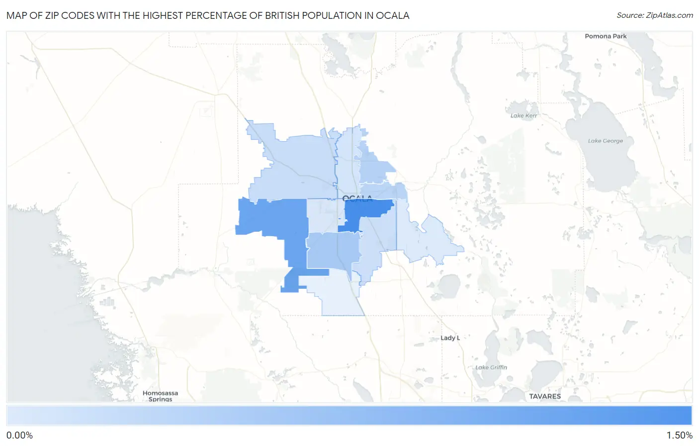 Zip Codes with the Highest Percentage of British Population in Ocala Map