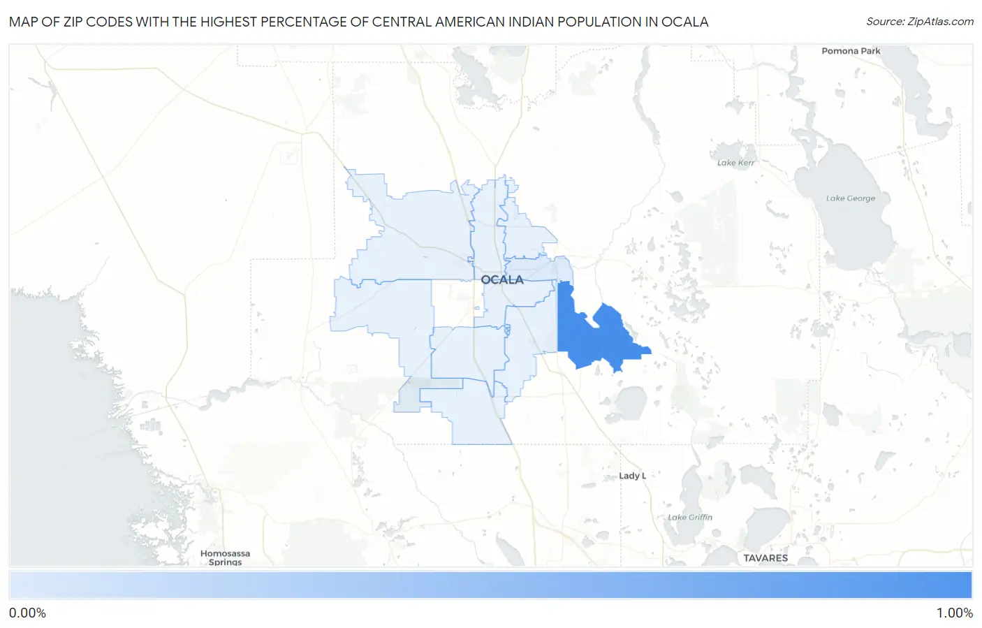 Zip Codes with the Highest Percentage of Central American Indian Population in Ocala Map