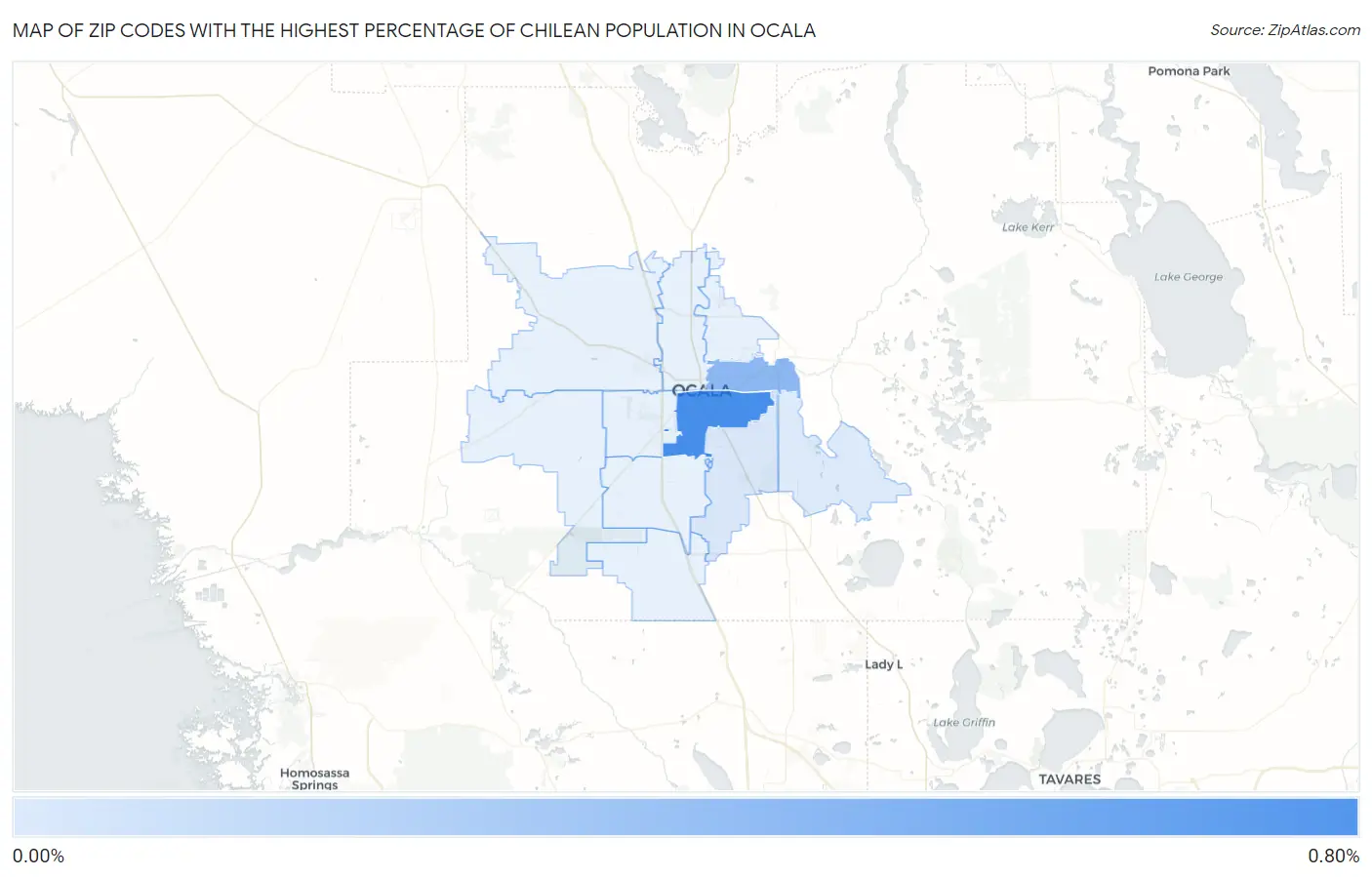 Zip Codes with the Highest Percentage of Chilean Population in Ocala Map