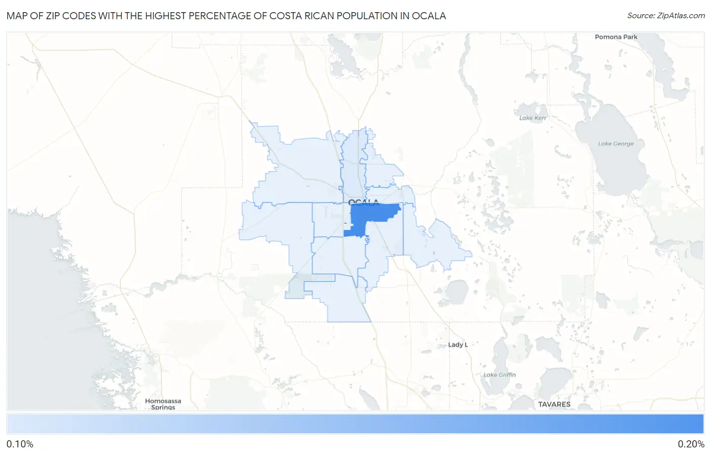 Zip Codes with the Highest Percentage of Costa Rican Population in Ocala Map