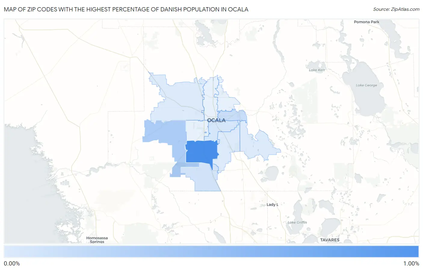 Zip Codes with the Highest Percentage of Danish Population in Ocala Map