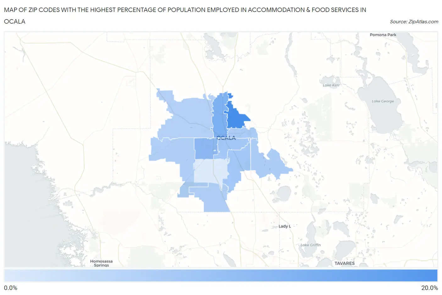 Zip Codes with the Highest Percentage of Population Employed in Accommodation & Food Services in Ocala Map