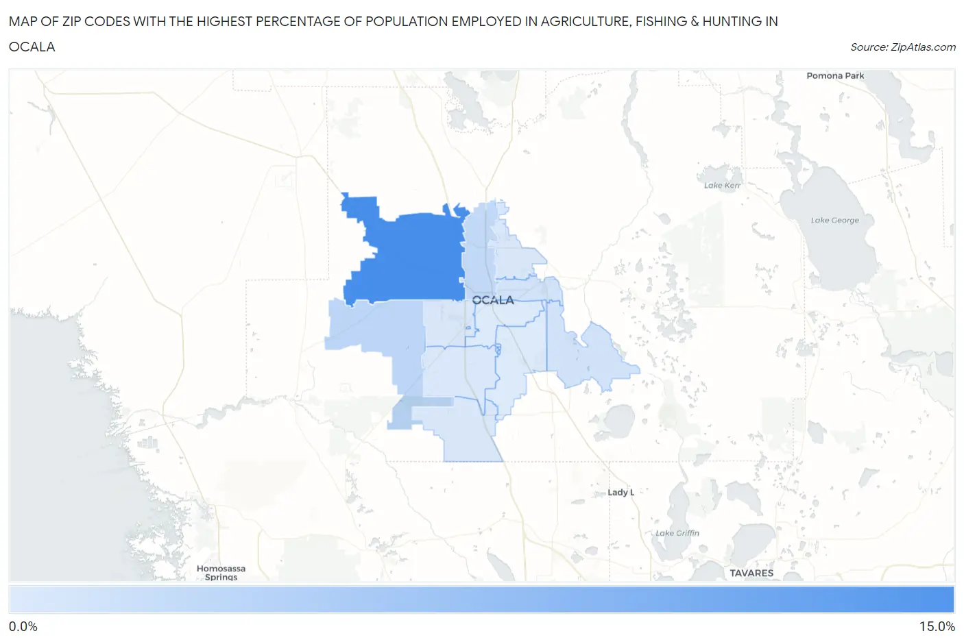 Zip Codes with the Highest Percentage of Population Employed in Agriculture, Fishing & Hunting in Ocala Map