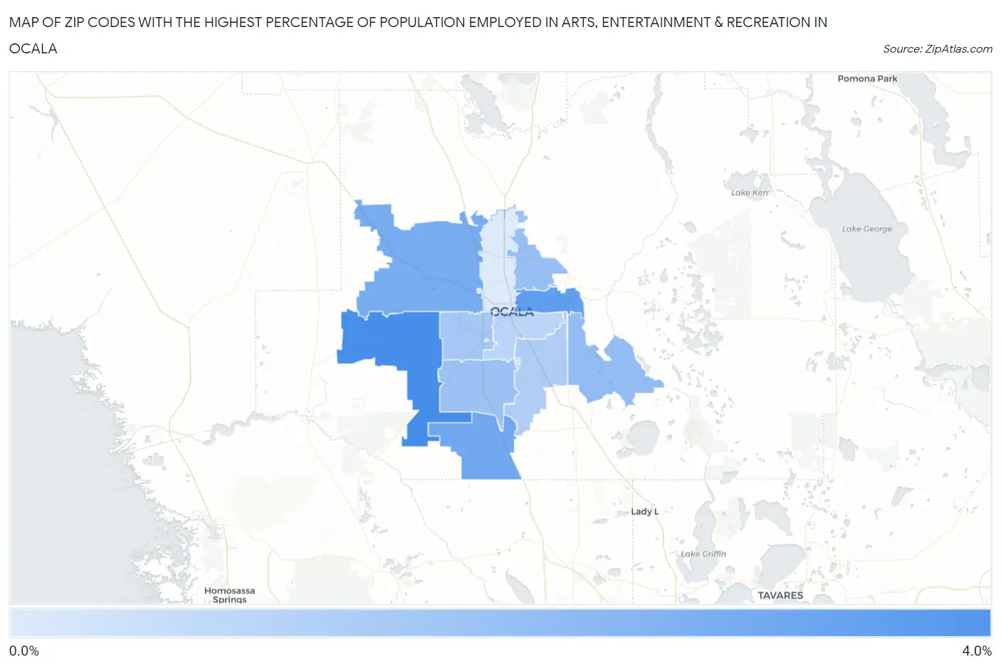 Zip Codes with the Highest Percentage of Population Employed in Arts, Entertainment & Recreation in Ocala Map