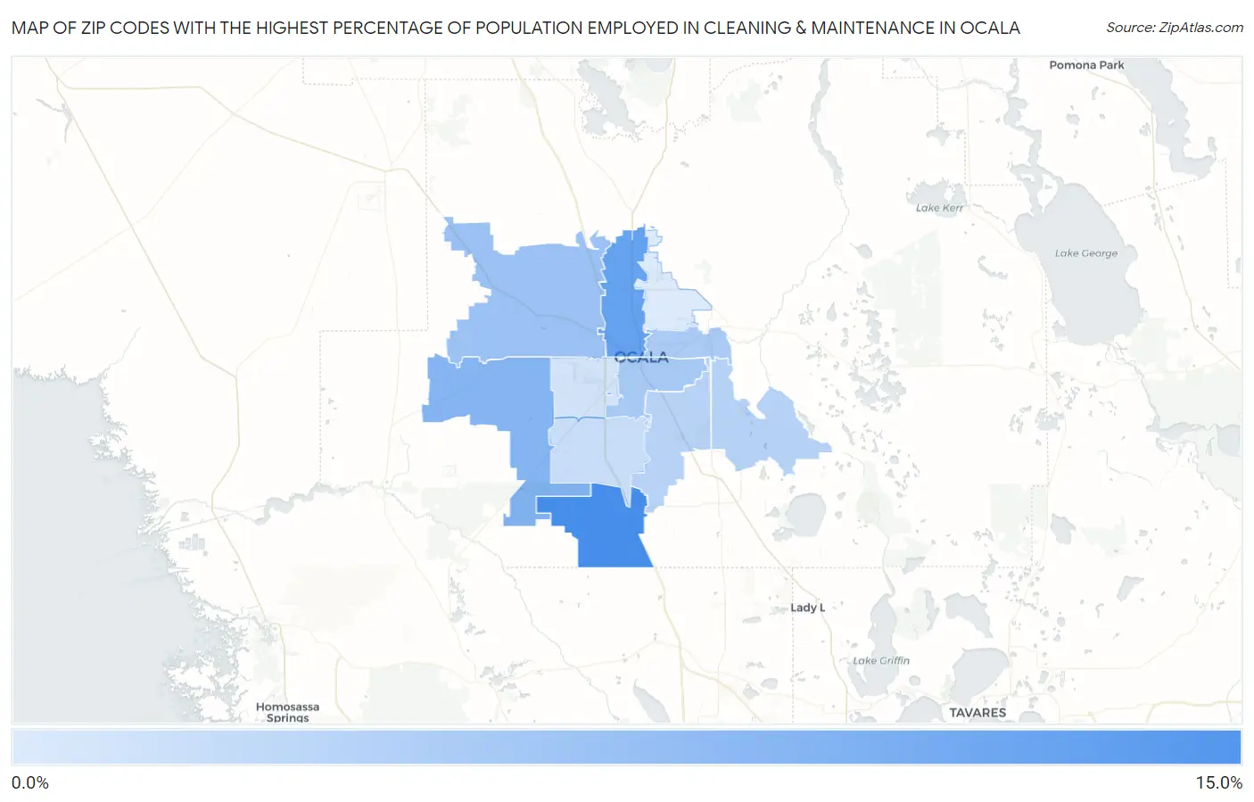 Zip Codes with the Highest Percentage of Population Employed in Cleaning & Maintenance in Ocala Map