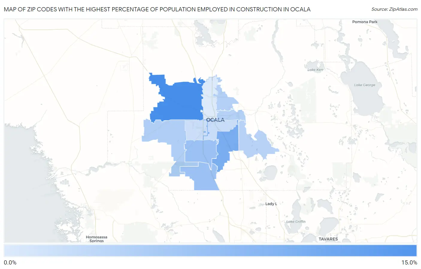 Zip Codes with the Highest Percentage of Population Employed in Construction in Ocala Map