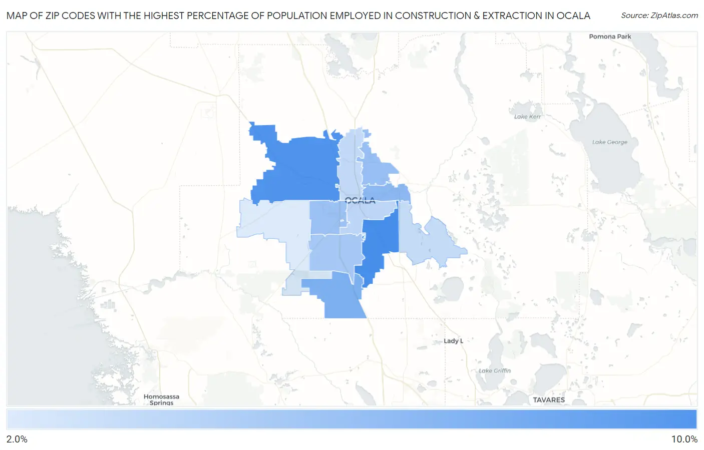 Zip Codes with the Highest Percentage of Population Employed in Construction & Extraction in Ocala Map